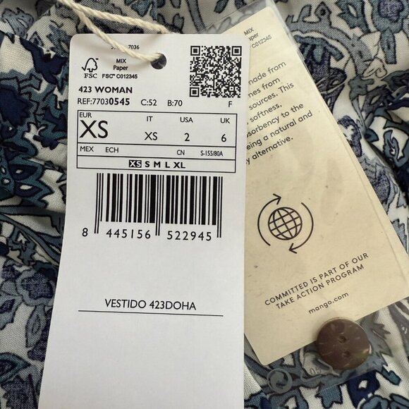 Mango Floral Paisley Print Button Up Tiered Maxi Dress Women's 2 Blue White NWT - Picture 14 of 16